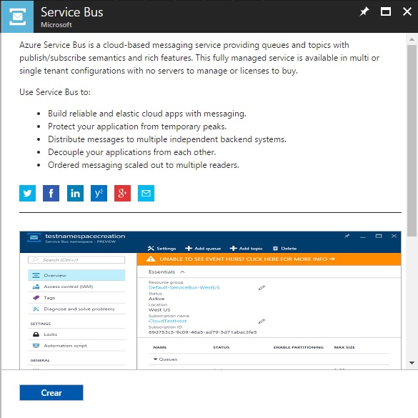 Create Azure Service Bus Screenshot