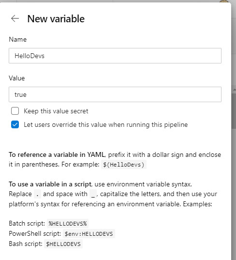 Azure Pipelines 'new variable' form