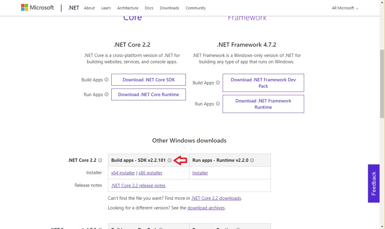 Screenshot de la página de descarga de .NET Core SDK