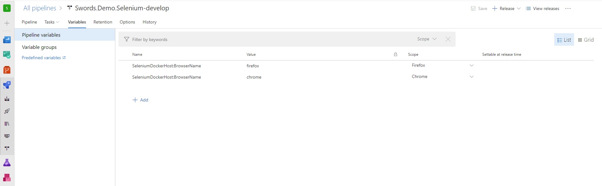 Screenshot de la pantalla de Release definition variables de Azure DevOps